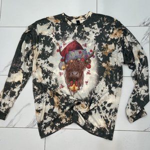 Cowhide Tie Dye Christmas Highland Cow with Lights Long SLeeve T-shirt